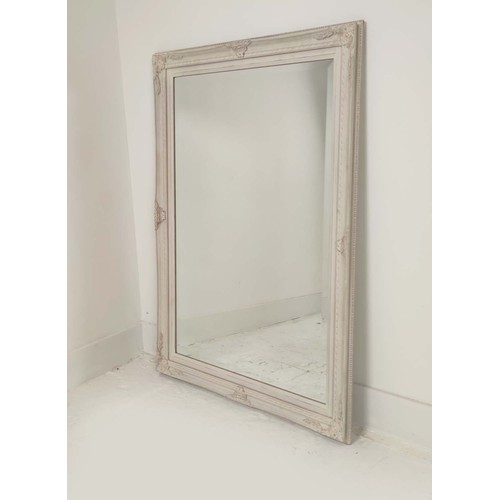 366 - SET OF THREE MIRRORS, A square polished design mirror, an off-white french style and a chrome portho... 