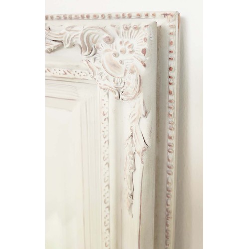 366 - SET OF THREE MIRRORS, A square polished design mirror, an off-white french style and a chrome portho... 