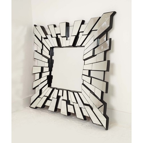 366 - SET OF THREE MIRRORS, A square polished design mirror, an off-white french style and a chrome portho... 