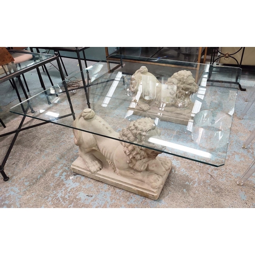 446 - LOW TABLE, twin composite stone lion bases, glass top, 122cm x 122cm x 42.5cm.