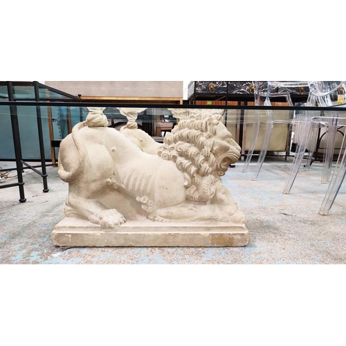 446 - LOW TABLE, twin composite stone lion bases, glass top, 122cm x 122cm x 42.5cm.