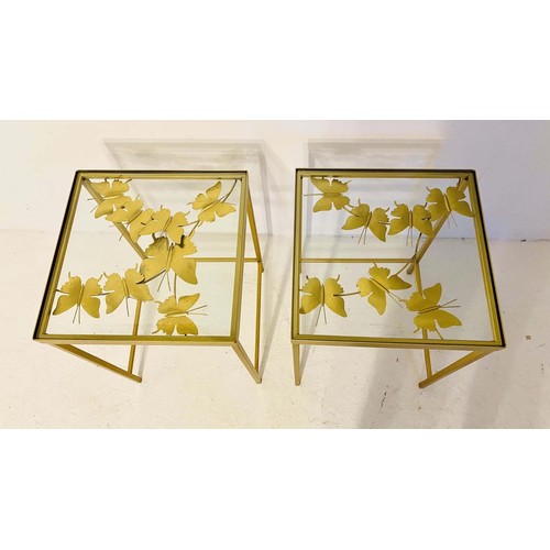 293 - WINE TABLES, a pair, 51cm H x 40cm W, the tops with butterfly motifs, overlaid glass, gilt frames. (... 