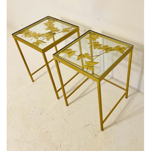 293 - WINE TABLES, a pair, 51cm H x 40cm W, the tops with butterfly motifs, overlaid glass, gilt frames. (... 