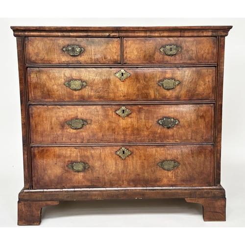 CHEST, early 18th century English Queen Anne figured walnut and crossbanded with two short and three long drawers retaining original engraved back plate handles, 91cm H x 96cm W x 54cm D.
