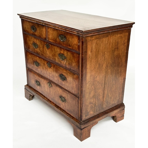 102 - CHEST, early 18th century English Queen Anne figured walnut and crossbanded with two short and three... 