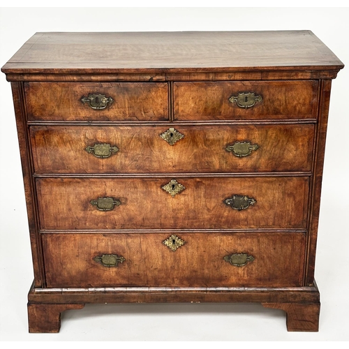 102 - CHEST, early 18th century English Queen Anne figured walnut and crossbanded with two short and three... 