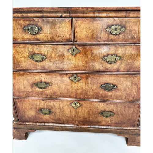 102 - CHEST, early 18th century English Queen Anne figured walnut and crossbanded with two short and three... 