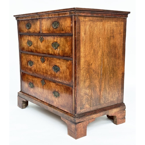 102 - CHEST, early 18th century English Queen Anne figured walnut and crossbanded with two short and three... 