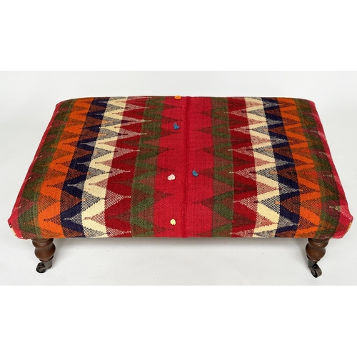 103 - KELIM HEARTH STOOL, rectangular Persian Qashqai Kelim upholstered raised upon turned tapering suppor... 