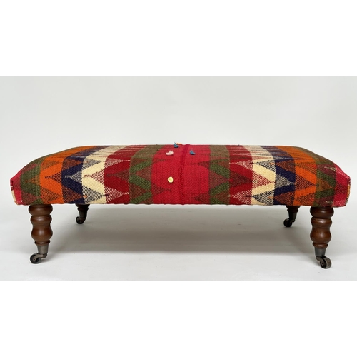 103 - KELIM HEARTH STOOL, rectangular Persian Qashqai Kelim upholstered raised upon turned tapering suppor... 