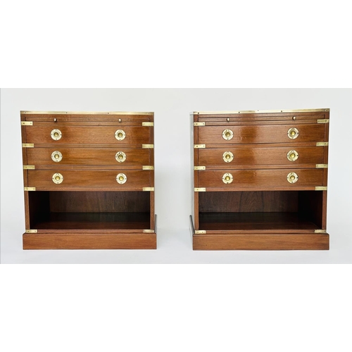 124 - CAMPAIGN STYLE CHESTS, a pair, mahogany and brass bound with tooled leather and three drawers, 58cm ... 