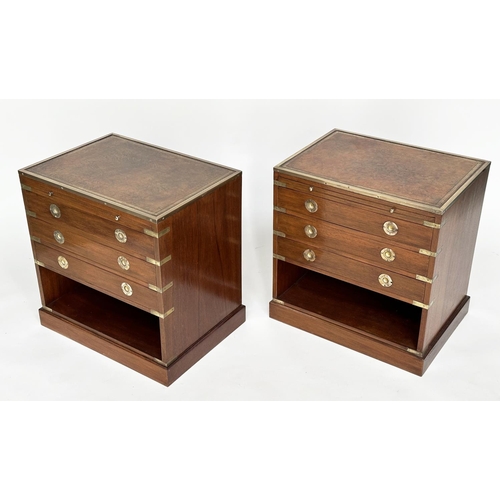 124 - CAMPAIGN STYLE CHESTS, a pair, mahogany and brass bound with tooled leather and three drawers, 58cm ... 