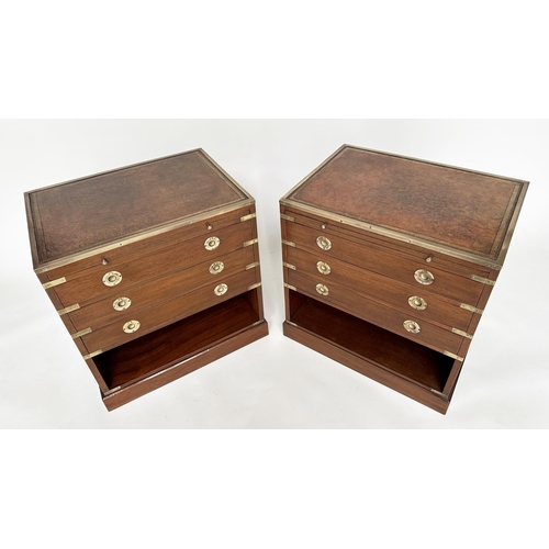 124 - CAMPAIGN STYLE CHESTS, a pair, mahogany and brass bound with tooled leather and three drawers, 58cm ... 