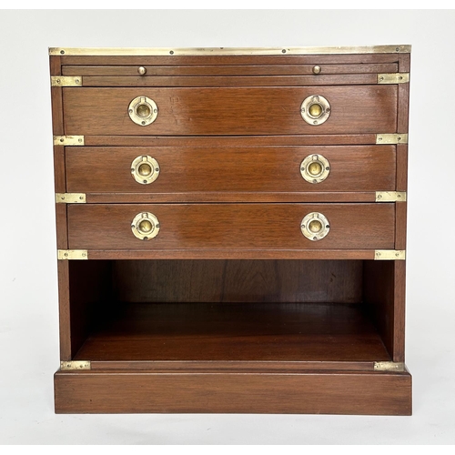 124 - CAMPAIGN STYLE CHESTS, a pair, mahogany and brass bound with tooled leather and three drawers, 58cm ... 