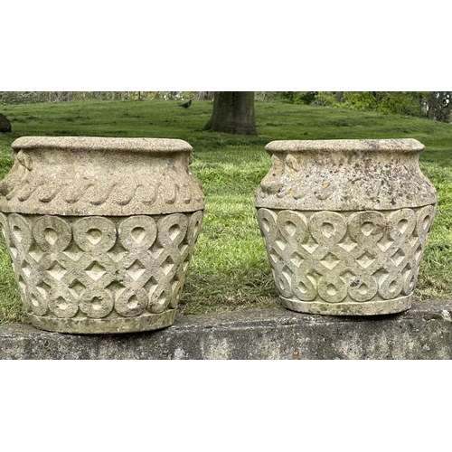 131 - GARDEN PLANTERS, a pair, well weathered reconstituted stone studio pots of urn form, 39cm H x 42cm W... 