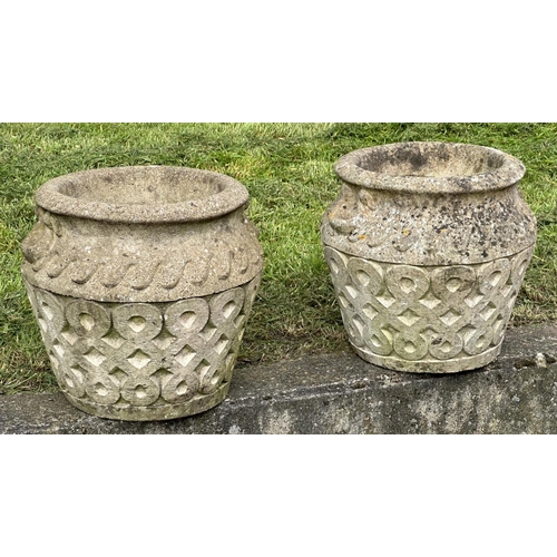 131 - GARDEN PLANTERS, a pair, well weathered reconstituted stone studio pots of urn form, 39cm H x 42cm W... 