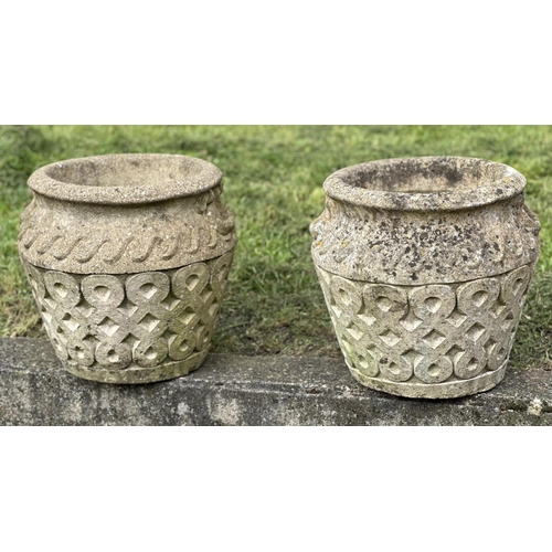 131 - GARDEN PLANTERS, a pair, well weathered reconstituted stone studio pots of urn form, 39cm H x 42cm W... 