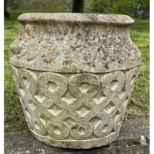 131 - GARDEN PLANTERS, a pair, well weathered reconstituted stone studio pots of urn form, 39cm H x 42cm W... 