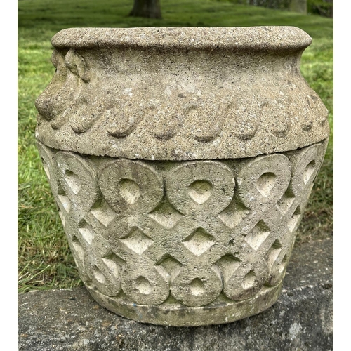 131 - GARDEN PLANTERS, a pair, well weathered reconstituted stone studio pots of urn form, 39cm H x 42cm W... 