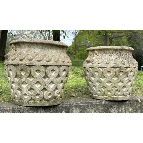 131 - GARDEN PLANTERS, a pair, well weathered reconstituted stone studio pots of urn form, 39cm H x 42cm W... 