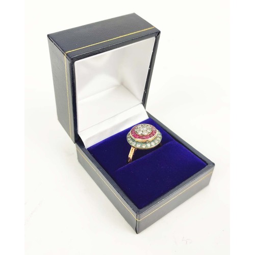 28 - AN 8CT ROSE GOLD RUBY AND DIAMOND CLUSTER RING, with calibre cut rubies and round brilliant cut diam... 