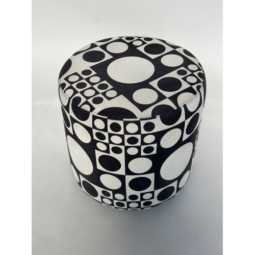 290 - STOOL BY JOHANSON DESIGN, circular drum form with black/white 60s style fabric upholstery, 44cm W x ... 