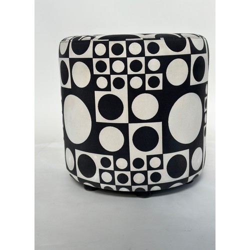 290 - STOOL BY JOHANSON DESIGN, circular drum form with black/white 60s style fabric upholstery, 44cm W x ... 