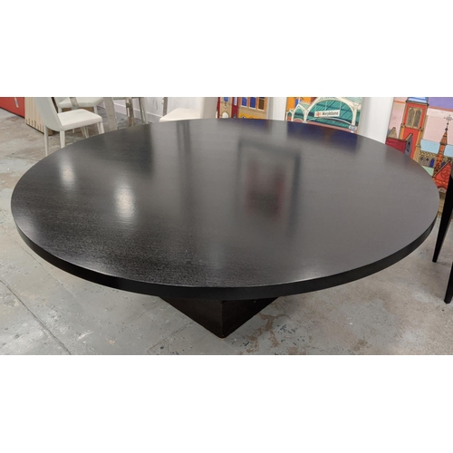 317 - DINING TABLE, central single pedestal, polished metal detail, 200cm diam x 79cm.