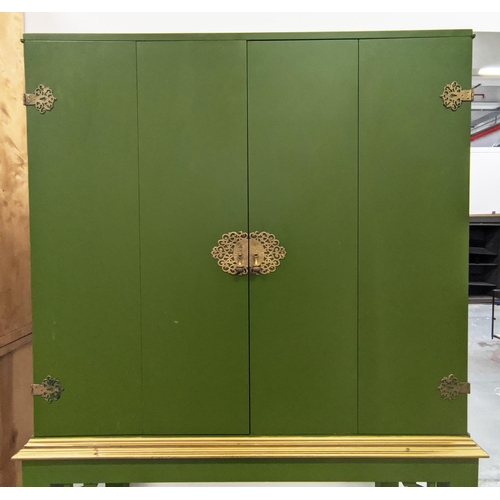 338 - COCKTAIL CABINET, ex Dorchester Hotel, Chinese style, green and gilt, 116.5cm x 58.5cm x 180cm.