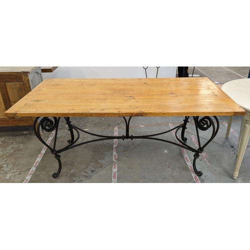 453 - REFECTORY TABLE, light oak on wrought metal supports, 79cm H x 185cm x 90cm.