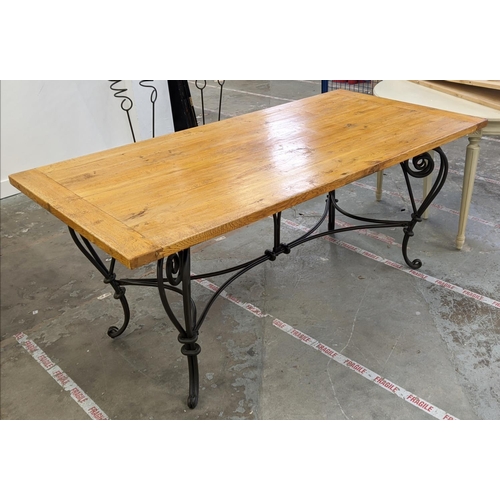 453 - REFECTORY TABLE, light oak on wrought metal supports, 79cm H x 185cm x 90cm.