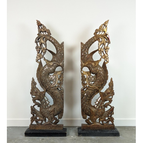 21 - THAI NAGA TEMPLE GUARDIANS, carved wood in gilt and applied mirrored finish, 167cm H x 62cm W. (2)