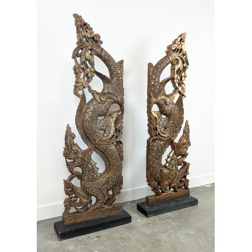 21 - THAI NAGA TEMPLE GUARDIANS, carved wood in gilt and applied mirrored finish, 167cm H x 62cm W. (2)