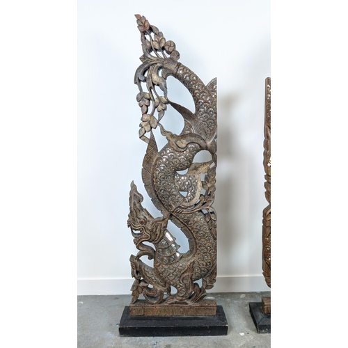 21 - THAI NAGA TEMPLE GUARDIANS, carved wood in gilt and applied mirrored finish, 167cm H x 62cm W. (2)