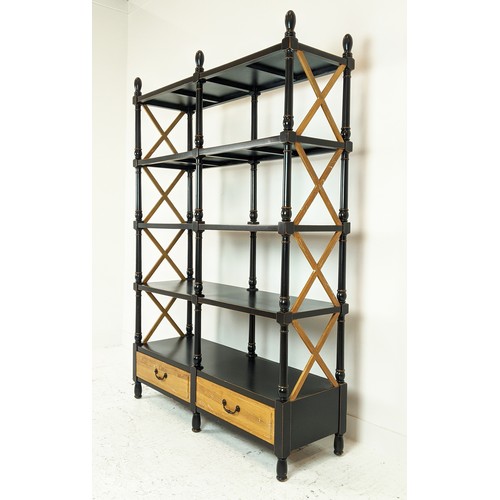 407 - ETAGERE, French Provincial style, 135cm x 42cm x 198cm, five tier, with two drawers to base.