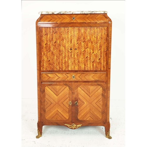 588 - SIDE CABINET, late 19th/early 20th century French Kingwood and tulipwood with marble top above tambo... 