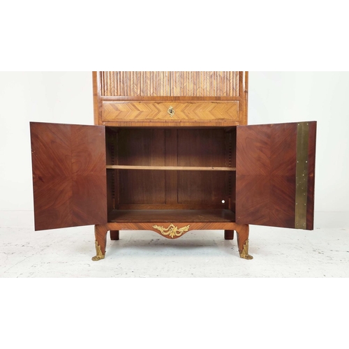 588 - SIDE CABINET, late 19th/early 20th century French Kingwood and tulipwood with marble top above tambo... 