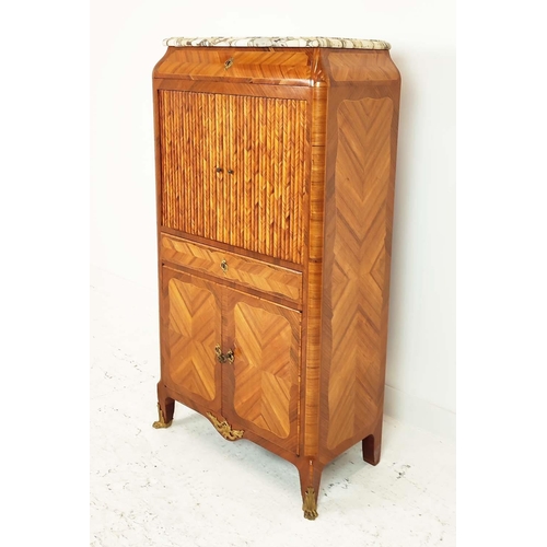 588 - SIDE CABINET, late 19th/early 20th century French Kingwood and tulipwood with marble top above tambo... 