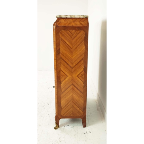 588 - SIDE CABINET, late 19th/early 20th century French Kingwood and tulipwood with marble top above tambo... 