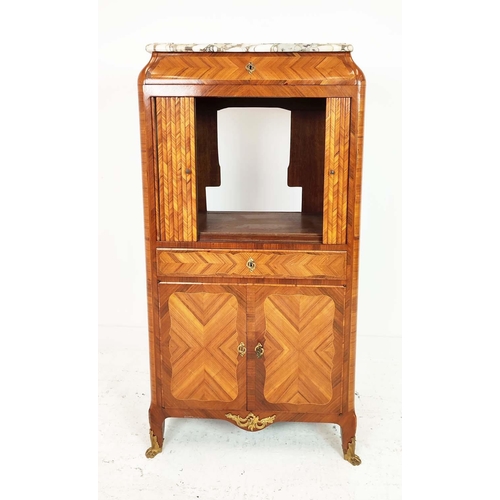 588 - SIDE CABINET, late 19th/early 20th century French Kingwood and tulipwood with marble top above tambo... 