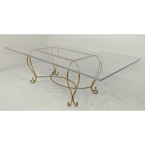 589 - DINING TABLE, gilt metal with rectangular perspex top, 77cm H x 244cm W x 122cm D.