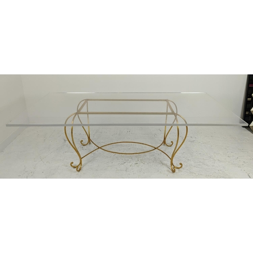 589 - DINING TABLE, gilt metal with rectangular perspex top, 77cm H x 244cm W x 122cm D.