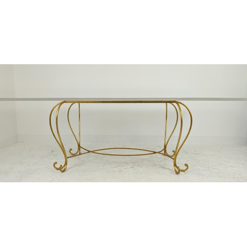 589 - DINING TABLE, gilt metal with rectangular perspex top, 77cm H x 244cm W x 122cm D.