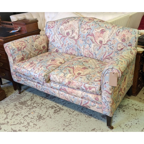 587 - SOFA, 96cm H x 157cm W, Edwardian mahogany newly upholstered in foliate fabric.