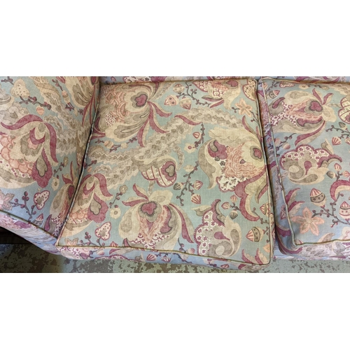 587 - SOFA, 96cm H x 157cm W, Edwardian mahogany newly upholstered in foliate fabric.