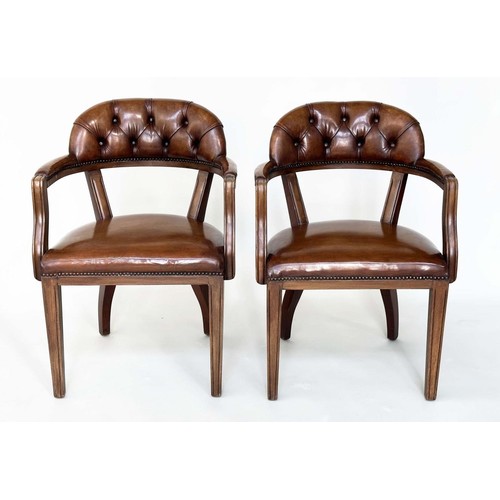 585 - LIBRARY ARMCHAIRS, a pair, Georgian design antique studded and buttoned soft tan brown leather with ... 