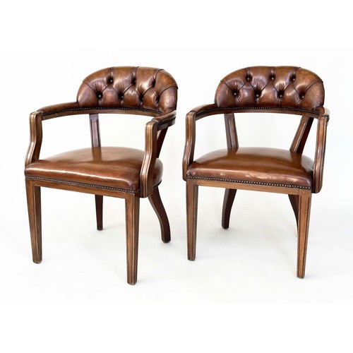 585 - LIBRARY ARMCHAIRS, a pair, Georgian design antique studded and buttoned soft tan brown leather with ... 