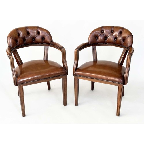 585 - LIBRARY ARMCHAIRS, a pair, Georgian design antique studded and buttoned soft tan brown leather with ... 