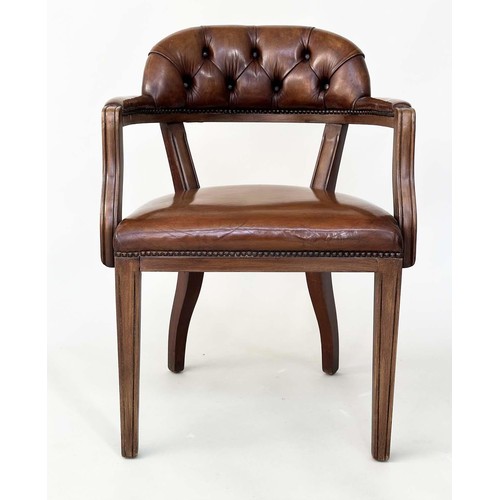 585 - LIBRARY ARMCHAIRS, a pair, Georgian design antique studded and buttoned soft tan brown leather with ... 