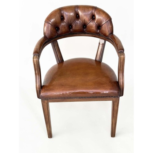 585 - LIBRARY ARMCHAIRS, a pair, Georgian design antique studded and buttoned soft tan brown leather with ... 